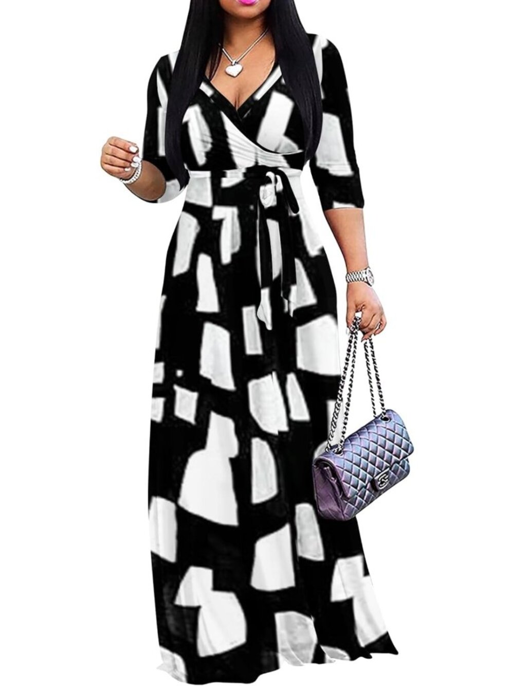 Plus Size Summer Maxi Dress - Sexy Wrap V Neck, 3/4 Sleeve, Pockets, Casual